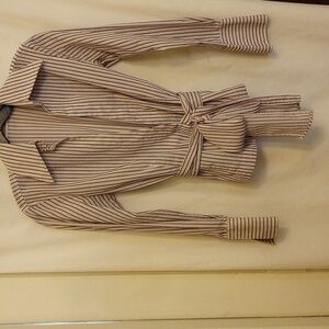 Limited long sleeve wrap blouse, size small, cream with navy and red stripes.